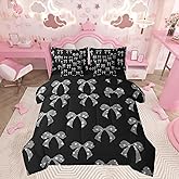 Feelyou Kids Black Grey Bow Comforter Set with Sheets,Kawaii Cute Bowknot 7 Piece Bedding Set Twin Size,Girly Bow Bed in a Bag,Dreamy Princess Bow Bed Set for Boys Girls Bedroom Room Decor