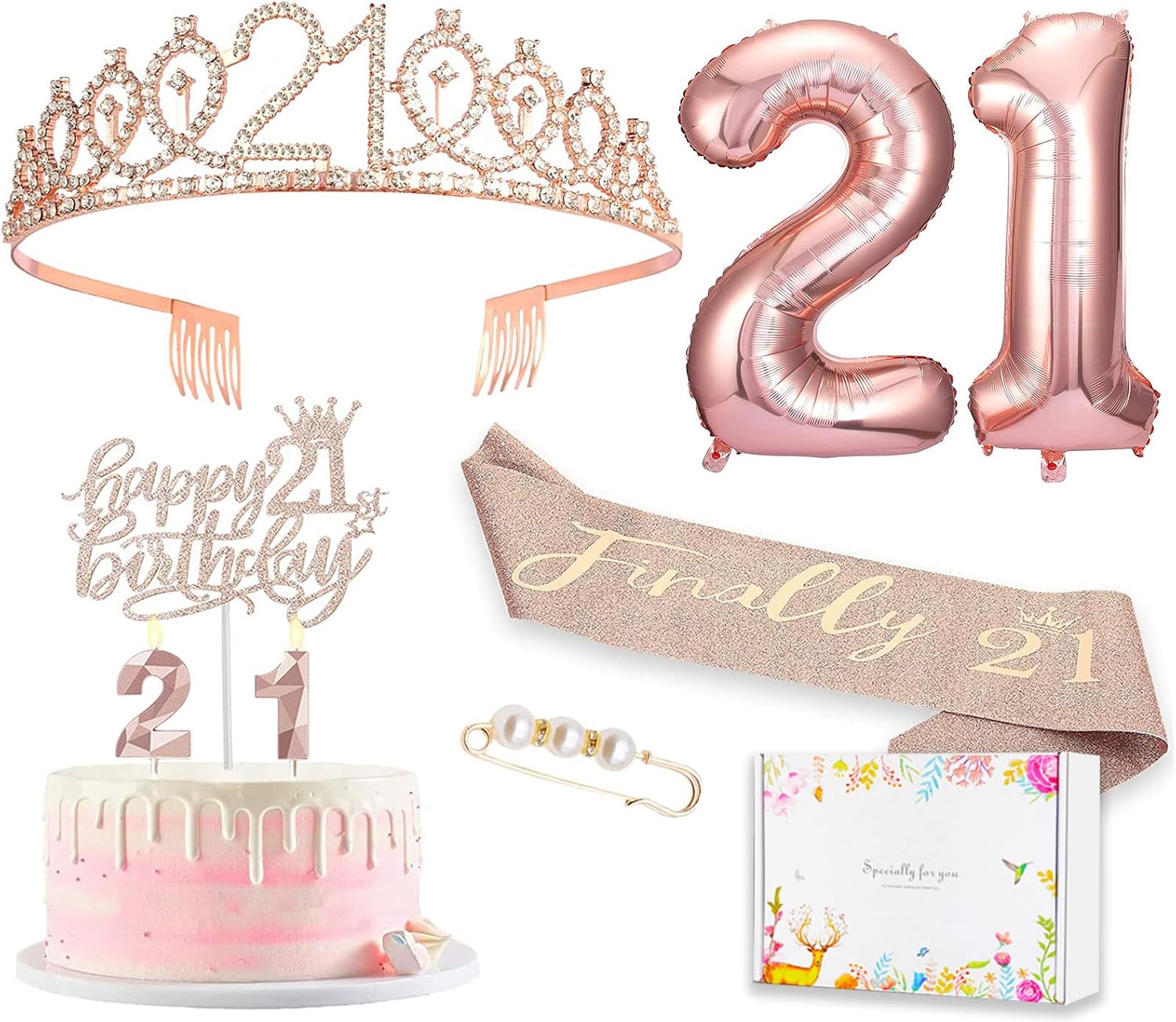 Candles & Holders - 8pcs 21st Birthday Gifts Decorations for Her, Including 21st Happy Birthday Cake Toppers, Birthday Queen Sash with Pearl Pin, Sweet Rhinestone Tiara Crown, Number Candles and Balloons Set, Rose Gold