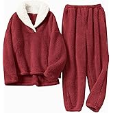 Muchpow Womens Fluffy Pajamas Set Winter Warm Fleece Oversized Pullover Fuzzy Pants Sets Plush Loungewear 2 Piece Pjs