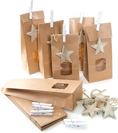 Stella Di Natale Con Mollette.Confezione Da 20 Sacchetti Di Carta Con Stella Di Natale 10 5 X 6 5 X 29 Cm Con Finestra Incluse 20 Stelle In Legno Naturale E 20 Mollette Amazon It Casa E Cucina