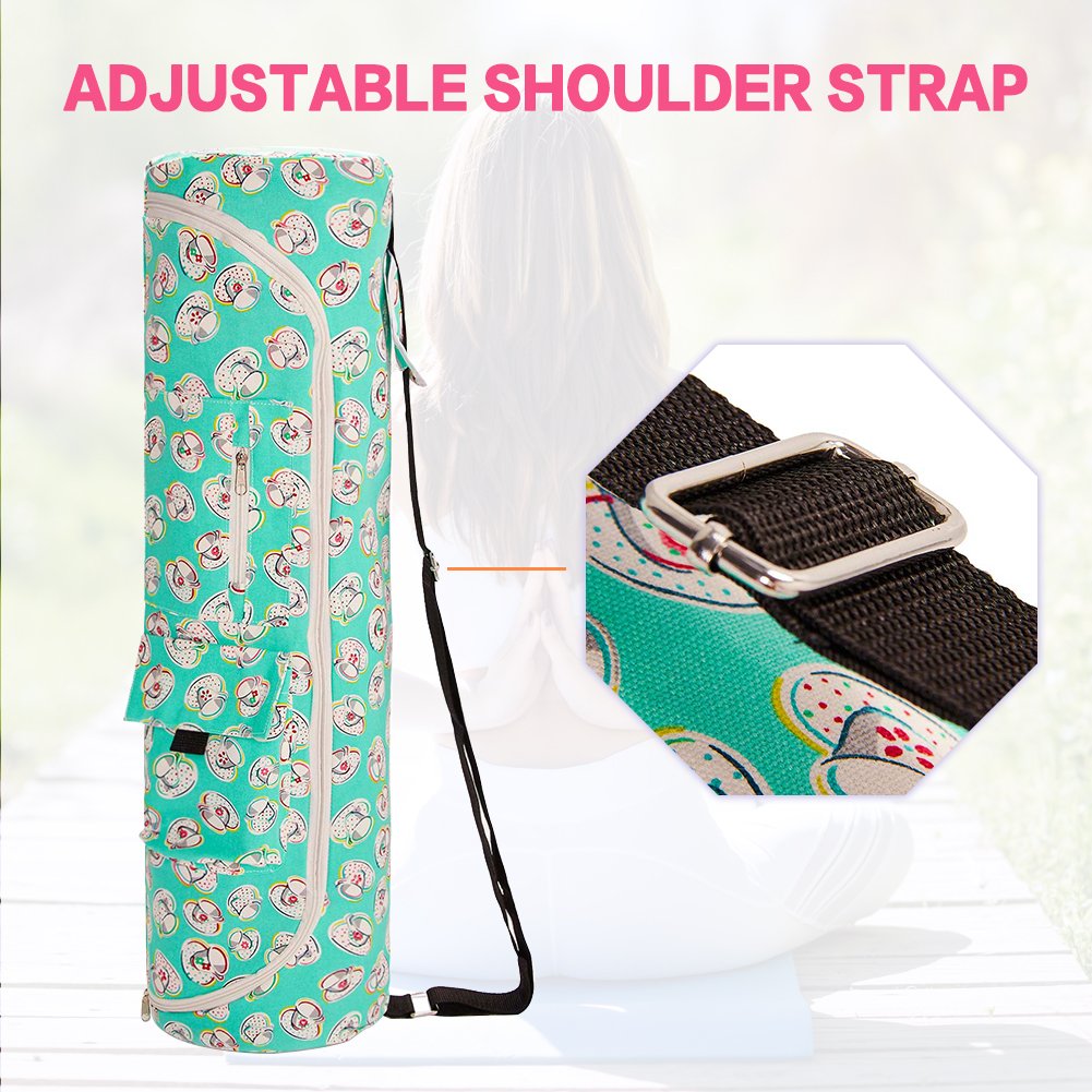 TUONROAD Large Full-Zip Yoga Bag Colorful Coffee Cup Plate Pattern Exercise Yoga Mat Holder Red Green Spot Cotton Cavans Yoga Bags for Women with Double Pocket and Adjustable Strap
