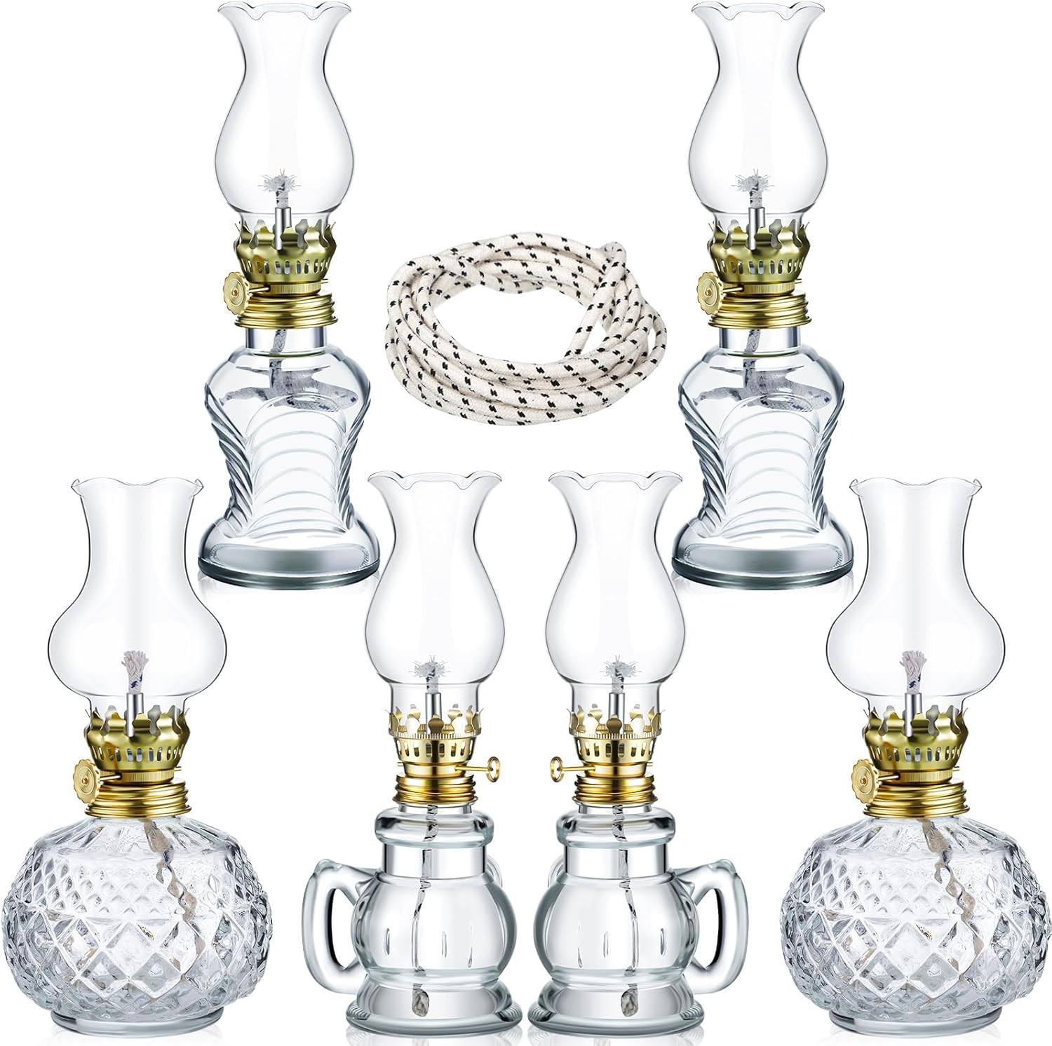 Oil Lamps & Accessories - Vintage Glass Kerosene Lamp Rustic Oil Lamp Lantern Chamber Oil Lamps Clear Kerosene Lamp Hurricane Lamp with 6.6 ft Extra Wick for Indoor Use Lighting Home Decor Emergency (6 Pcs,Delicate)