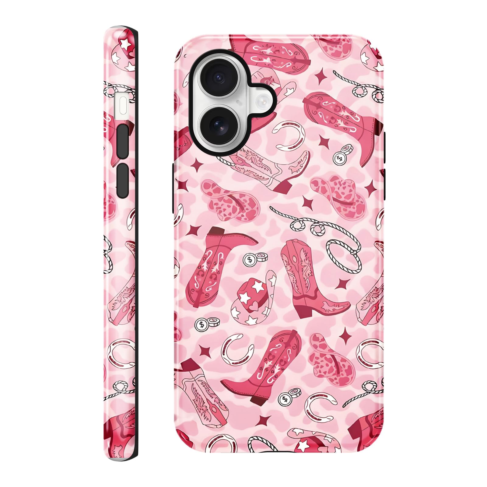 Vulfwela for iPhone 16 6.1'' Pink Cowgirl Leopard Western Phone Case, Cute Trendy Cheetah Star Cowboy Boots Hat Aesthetic Case Shockproof 2 Layer Hard Shell Protection Cover for Woman Girls