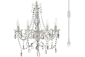 gypsy color The Original Brink House Plug-in 5 Light Crystal White Hanging Swag Chandelier H21”xW19”, White Metal Frame with Clear Glass Stem and Acrylic Crystals