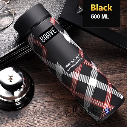 Frabble8 Double Wall Vacuum Insulated Stainless Steel Water Bottle, Travel Thermos Flask- 500 ML (Midnight Black- Brave)