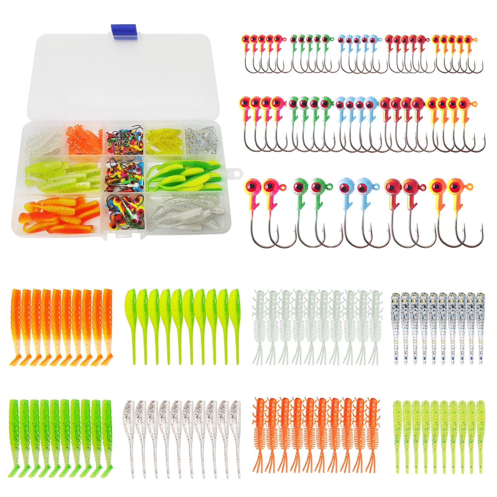 View 1 of 135 Pieces Jig Heads Fishing Hooks kit with Soft Plastic Crappie Lures for Crappie Trout Bass Walleye Bluegill Perch Catfish
