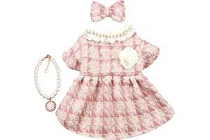 QWINEE 3Pcs Dog Dress & Flower Bow & Necklace Set Geometric Princess Dress with Flower Bow Decor Puppy Skirt with Pearls Jewelry Necklace for Small Medium Cats Dogs Kitten Pink L