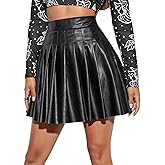 Caviotess Women's PU Leather Pleated Mini Skirt High Waisted Short Skater Tennis Skirt with Side Zipper