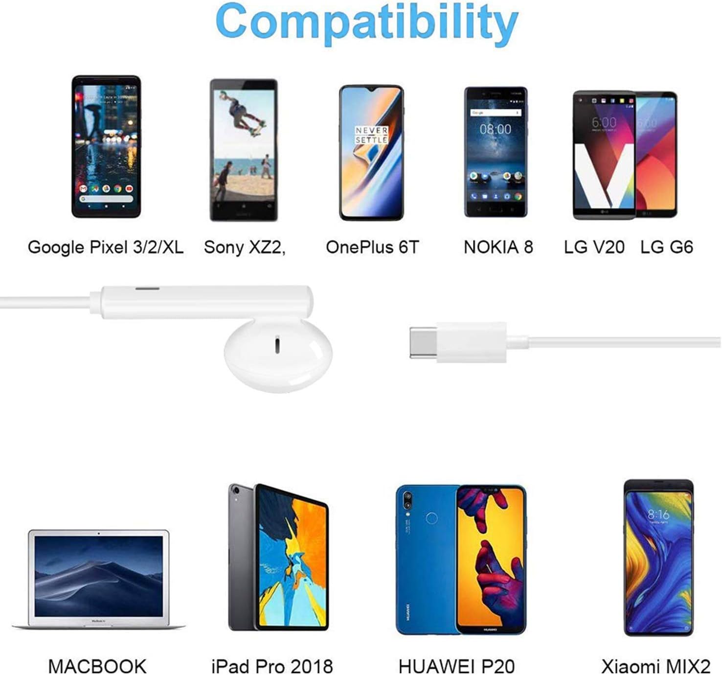 USB C Headphone HiFi Stereo in Ear USB C Earbuds Type C Headphones with Microphone Bass Earbud with Volume Control Compatible with Google Pixel 3XL,OnePlus 7 Pro,XiaoMi,Huawei P30 Pro,iPad Pro,Sony: Home Audio & Theater
