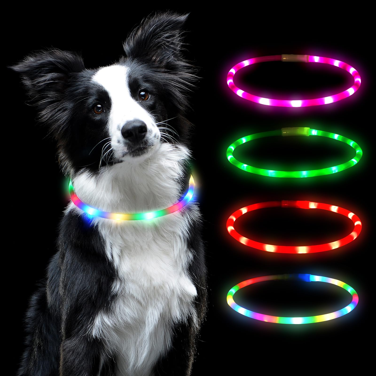AUAUY LED Light Up Dog Collar, USB Rechargeable with Water Resistant Reflective Light Up Dogs Collar Flashing Light for the Dark Can Arbitrarily Cut to Size Collars for Any Dogs - Colorful — image 1