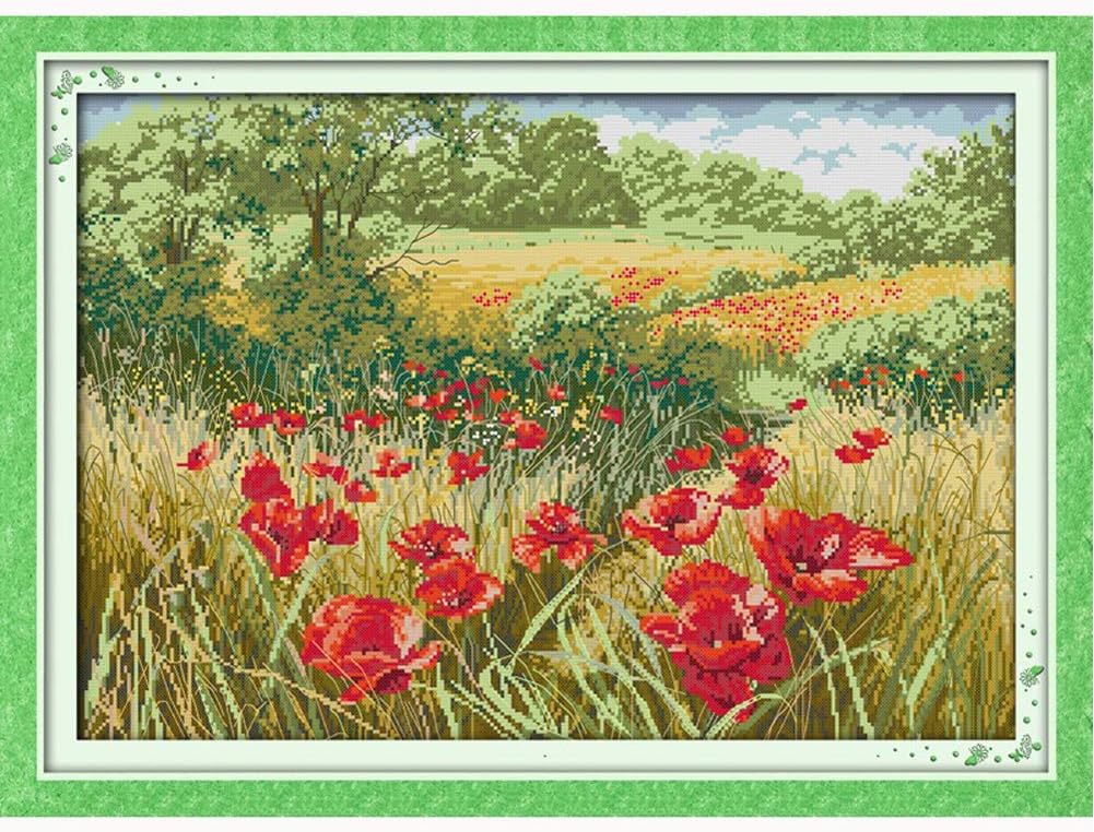 Joyautum Beautiful red Flowers Landscape Counted Cross Stitch DMC Cross Stitch DIY 14CT Cross-Stitch Kit Handmade Embroidery Needlework