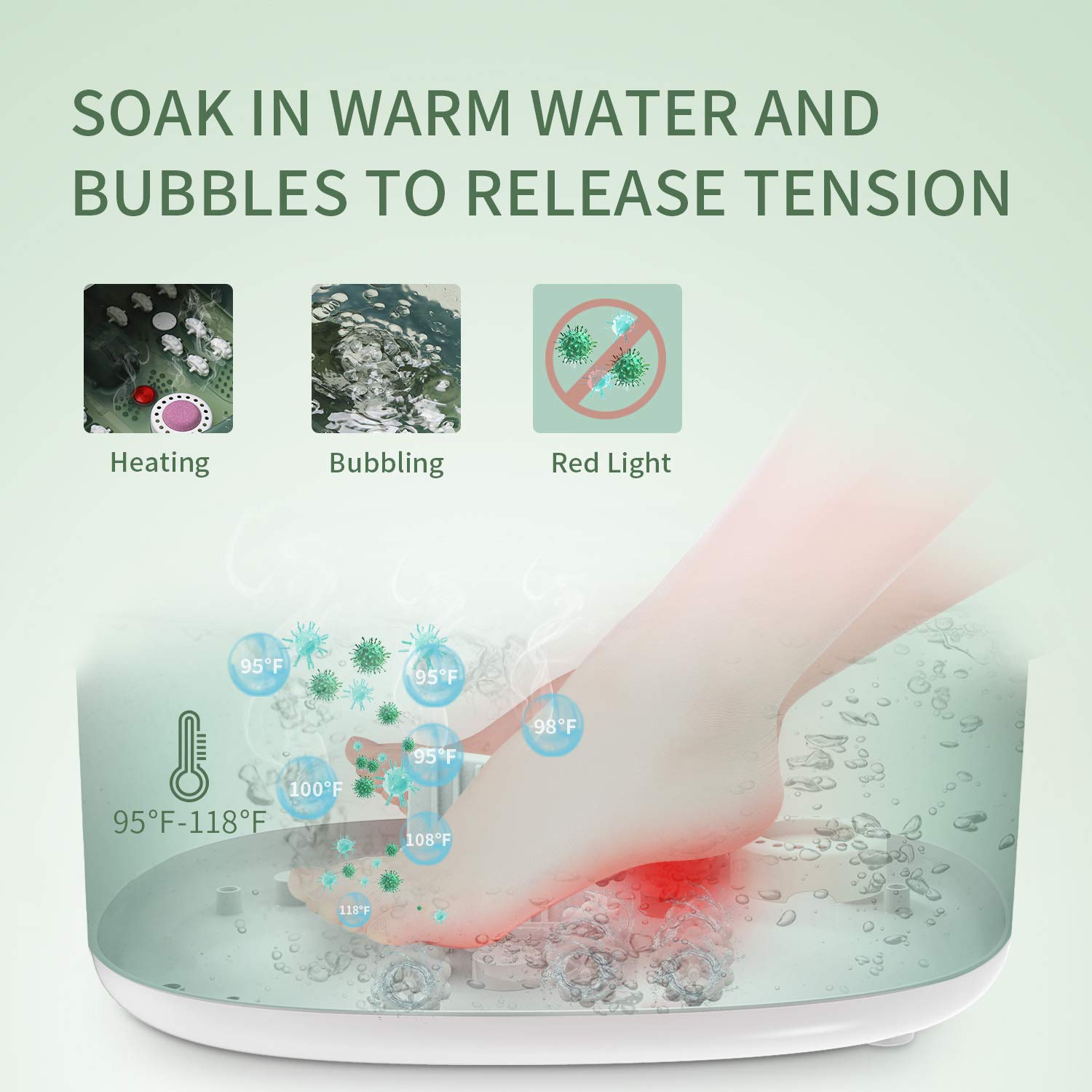 Turejo Foot Spa/Foot Bath Massager with Heat, Bubbles,14 Massage Rollers, Temperature Control, Pumice Stone and Medicine Box for Spa Treatment at Home, Fatigue Relief-Neo Mint Green: Beauty