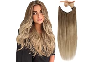 Fshine Human Hair Wire Hair Extensions Layered Fish Hair Extensions Real Human Hair with Transparent Line #10/14 Light Brown to Golden Blonde Secret Fish Line Hairpiece Human Hair 16inch 80g