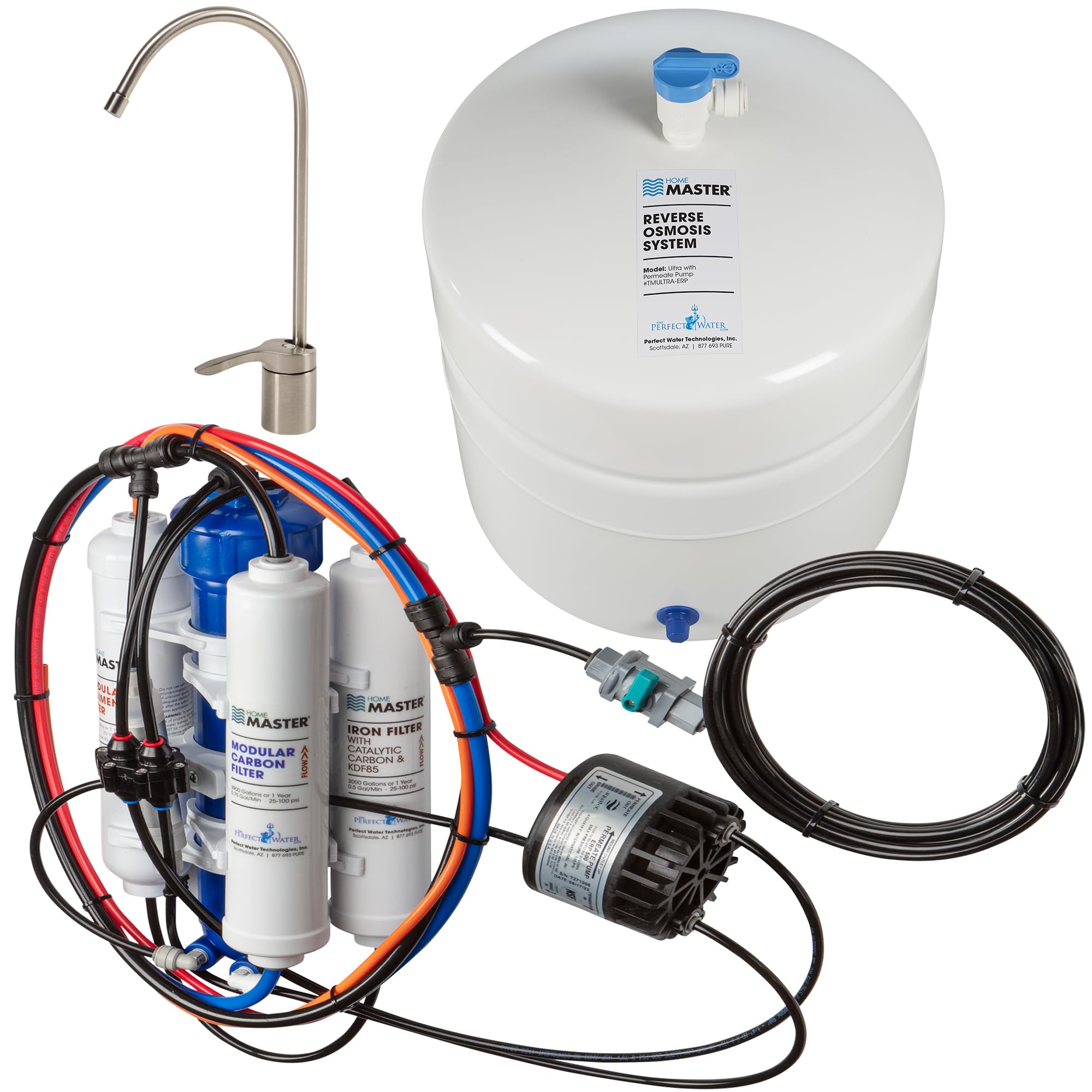 Home Master TMULTRA-ERP-L Ultra RO System Loaded; City & Well Water, Fast 4.5 sec Fill Rate, 6-stages, UV Sterilizer, 1:1 Waste Ratio, High hardness Membrane 18gpg, Lux Nickel RO Faucet, fridge kit