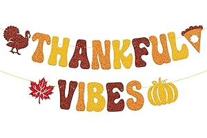 YOYMARR Thankful Vibes Banner Thanksgiving Day Party Decoration Pumpkin Pie Turkey Maple Leaves Fall Pumpkin Autumn Theme Thanksgiving Holiday Party Supplies Glitter Thankful Decoration