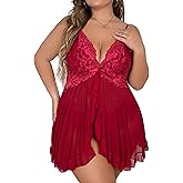 Plus Size Sexy Lingerie for Women Lace Babydoll Floral Mesh Ruffle Sheer Nightgown V Neck Chemise Sleepwear