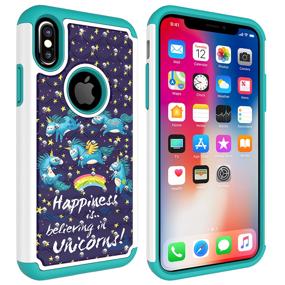 iPhone X Case, MagicSky [Shock Absorption] Studded Rhinestone Bling Hybrid Dual Layer Armor Defender Protective Case Cover for Apple iPhoneX - Unicorns