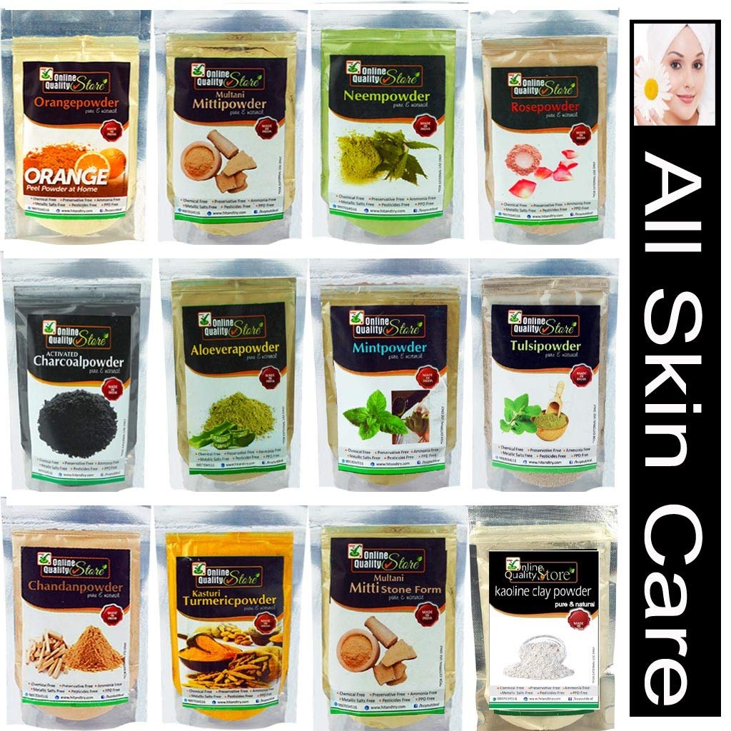 Online Quality Store Combo of 12 Skin Care Products 50g Each,(Multani Mitti, Neem, Orange Peel, Rose, Chandan, Charcoal, Mitti Stone, Kaolin Clay, Mint, Haldi,Alovera, Tulsi Powders) Total 600g