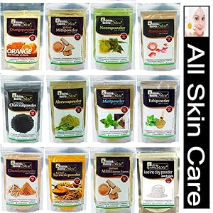 Online Quality Store Combo of 12 Skin Care Products 50g Each,(Multani Mitti, Neem, Orange Peel, Rose, Chandan, Charcoal, Mitti Stone, Kaolin Clay, Mint, Haldi,Alovera, Tulsi Powders) Total 600g