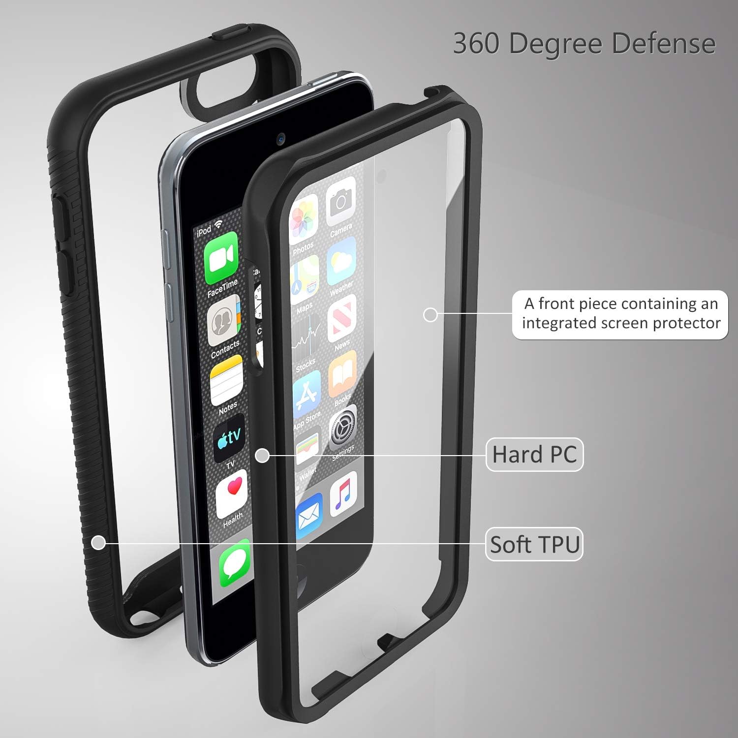 iPod Touch 7 Case,iPod Touch 6 Case,SLMY Armor Shockproof Case with Build in Screen Protector Heavy Duty Shock Resistant Hybrid Rugged Cover for Apple iPod Touch 5/6/7th Generation-Black
