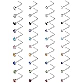 Tornito 20G 40Pcs Stainless Steel Curved Nose Stud Ring CZ L Bone Screw Shaped Piercing Jewelry for Women Men