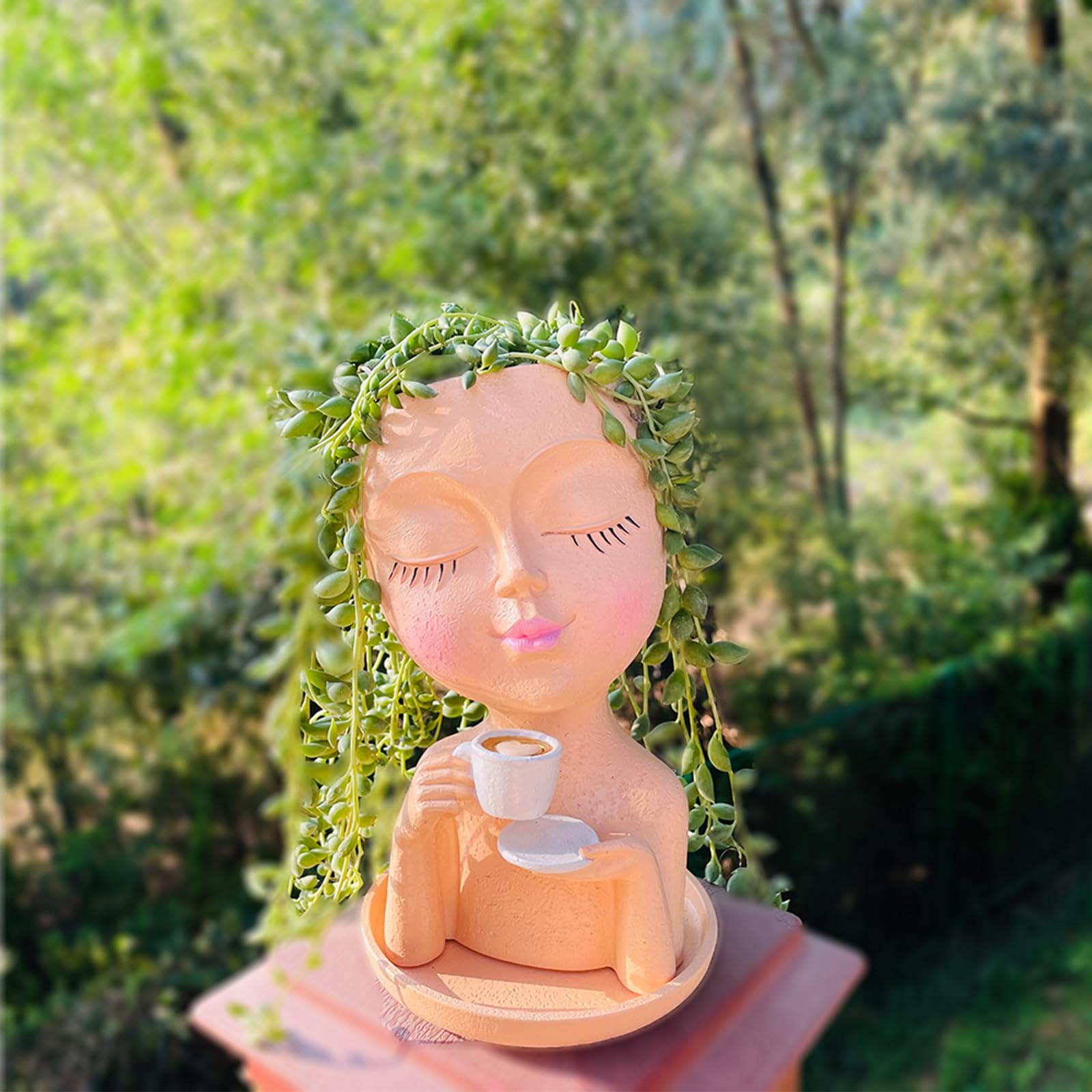 Simabsie Face Planter Pots, Resin Face Planter for Indoor/Outdoor Plants,Head Planter with Drainage Hole/Removable Saucer,Girl Holding Coffe (Coffee, Light)