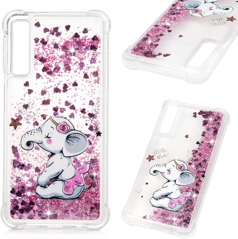 Alious Ciel Phone Case for Samsung Galaxy A7/ A750, TPU Bumper Flowing Liquid Glitter Dynamic Stars Shiny 3D Moving Quicksand Shell Protective Bling Cover, Contemplative Pink Elephant