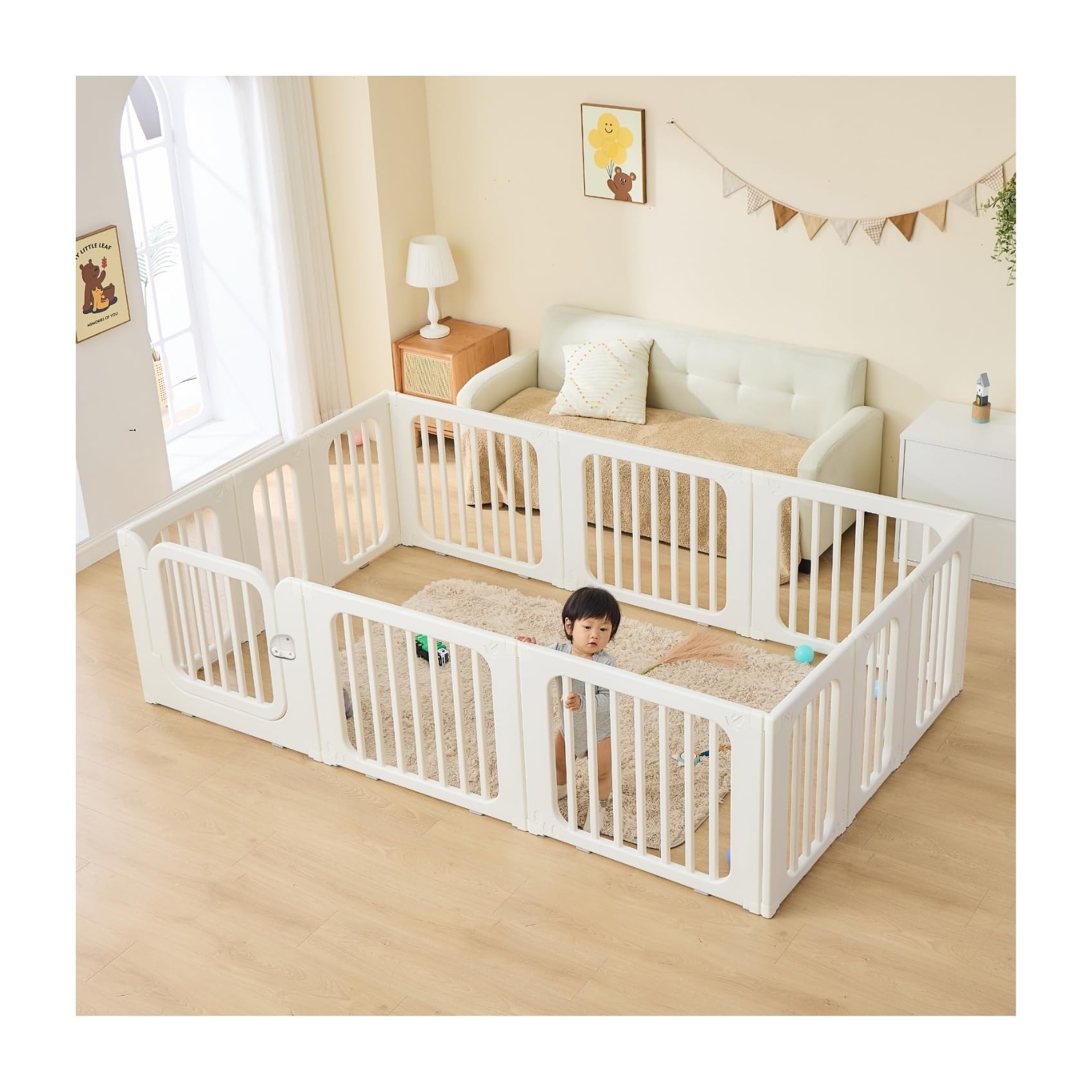 GU MODE ベビーサークル 置くだけ ベビーゲート ベビーフェンス 実用新案登録（固定パーツは別売り）7way仕様フェンス ペット用可能 ドアロック付き 安全設計 滑り止め 簡単設置 出産祝い (内寸140cmｘ200cmｘ68cm)【ホワイト】商品画像