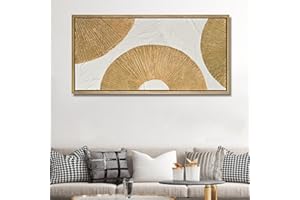 TRAIN2 ART Textured Wall Art Gold and White Geometric Canvas Circle Block Painting for Living Room Bedroom Bathroom Office Wall Decor 20"x40"