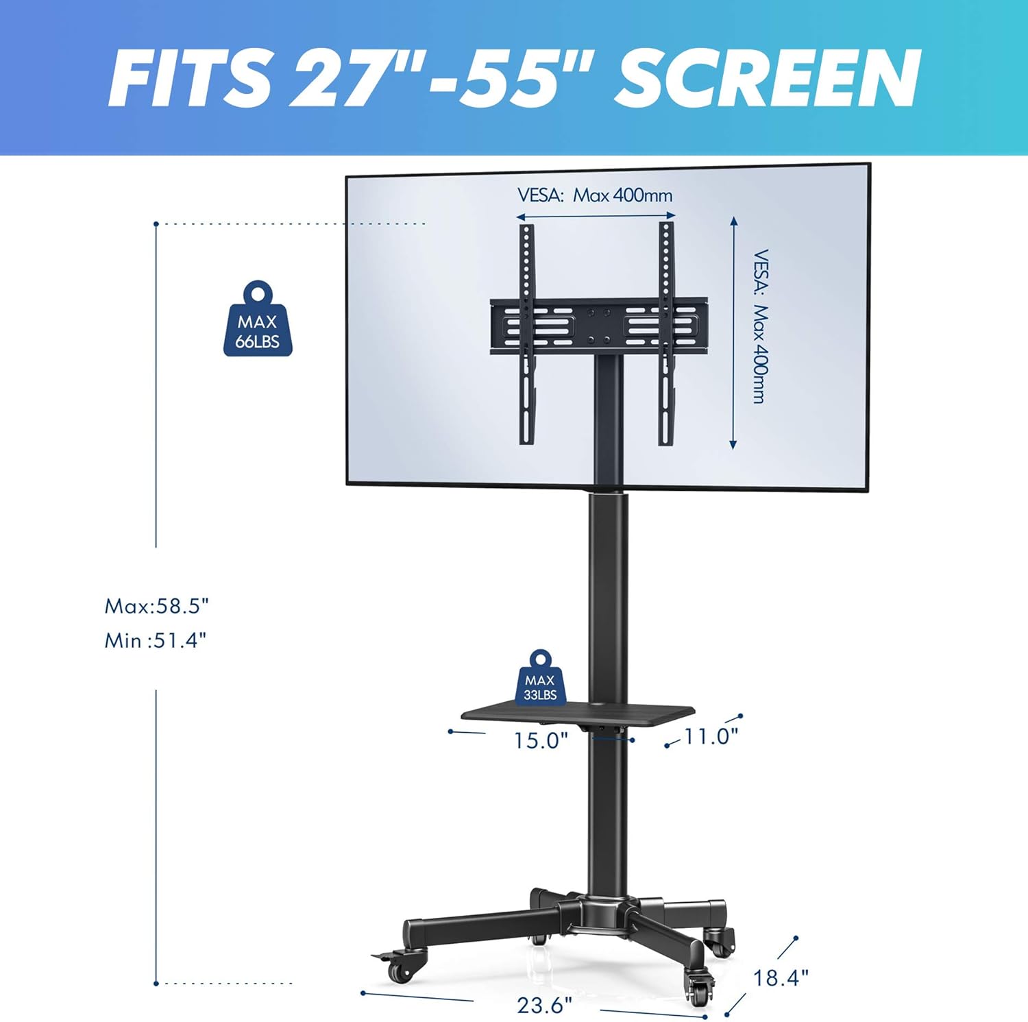 FITUEYES Mobile TV Stand with Wooden Laptop Shelf Rolling TV Cart for 27”-55” LCD LED Plasma Flat Screens Holds Up to 66lbs Height Adjustable Mount on Wheels, TC205501MB : Office Products
