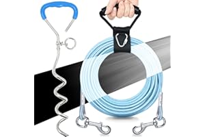 GoGoPaw Dog Tie Out Cable and Stake, Reflective Dog Yard Leash Cable with No Tangle Handle, Heavy Duty Dogs Tether and Chain for Medium to Large Dogs Up to 300lbs in Outdoor, Blue 10FT