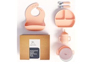 mimi & kiki BPA-Free Silicone Baby Feeding Set, Baby Plates and Bowls Set, Baby Led Weaning Supplies, Silicone Suction Plate, Baby Utensils, Bib and Cup, Self Feeding, Dishwasher Safe (Light Pink)