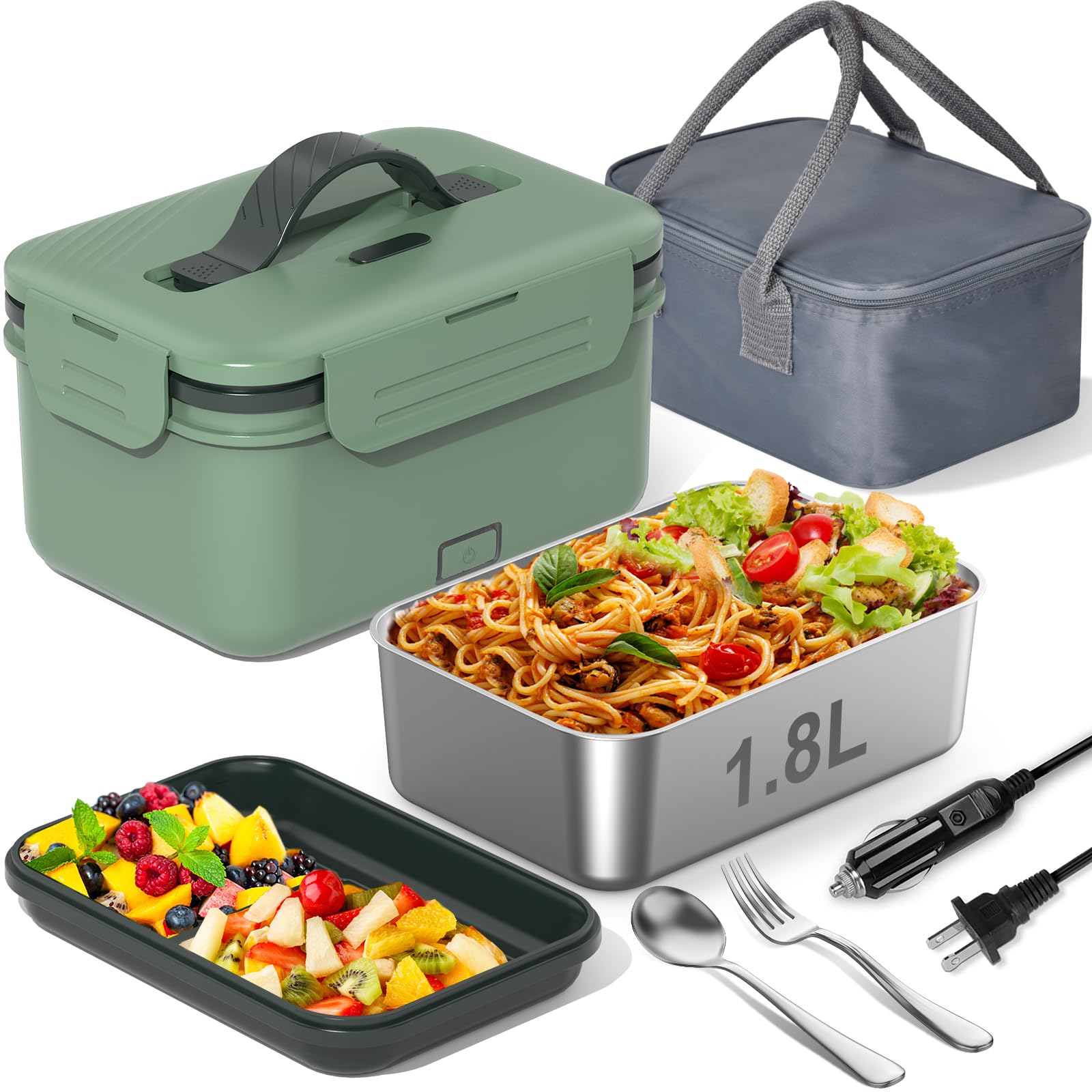 Photo 1 of Electric Heated Lunch Box for Car, Truck, Home – 1.8L 100W Portable Food Warmer with 12V/24V/110V/220V Plug – Stainless Steel Leakproof Container – Hot Meal Solution for Work, Travel, Jobsite, Camping