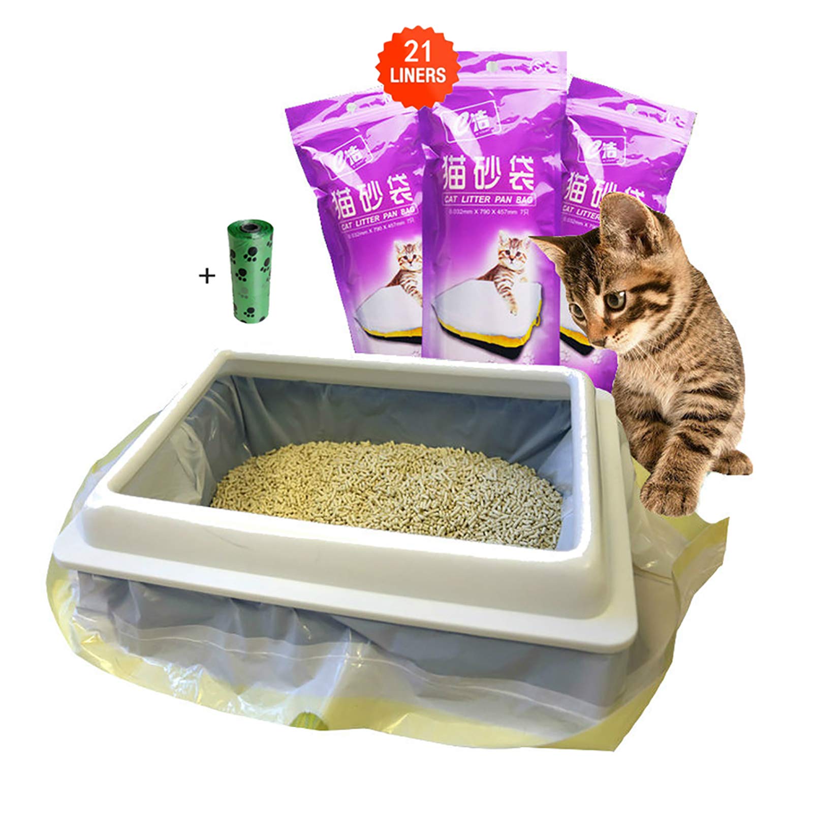 MOLIWEN Cat Litter Tray Liners with Drawstrings Bags 3 Pack (21 bags), 91.5 × 45.7 cm for Medium and Large Litter Box, Get Extra 1 Roll (15 Bags) of Pet Garbage Bag