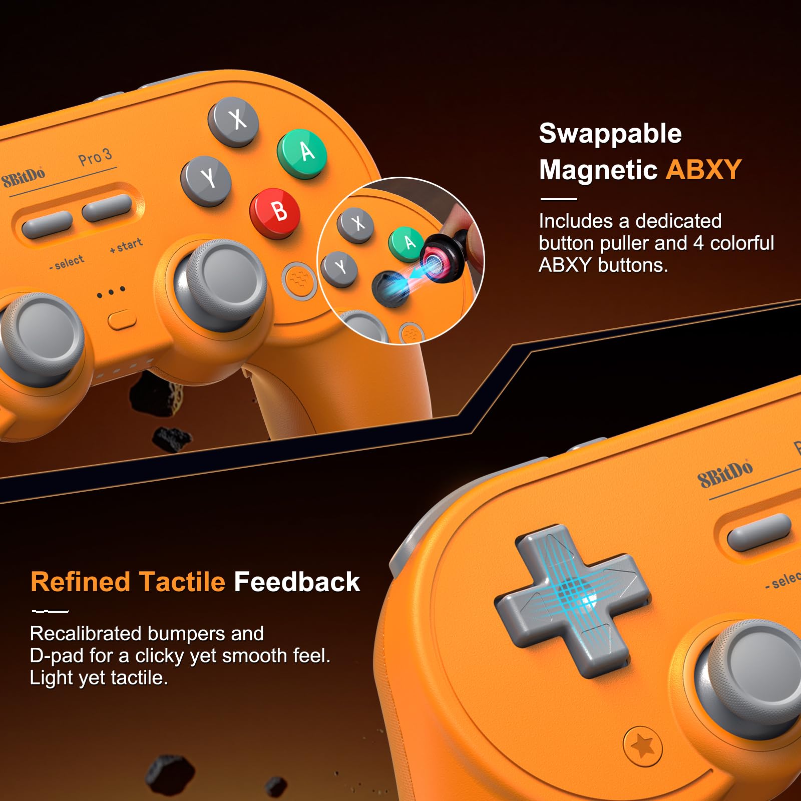 8BitDo Pro 3 Bluetooth Controller for Switch/Switch 2,TMR Joysticks,Programmable Pro Back Buttons&R4/L4 Bumpers,Hall/Tactile Triggers,Swappable ABXY Buttons,for Windows,Apple,SteamOS,Android - Orange