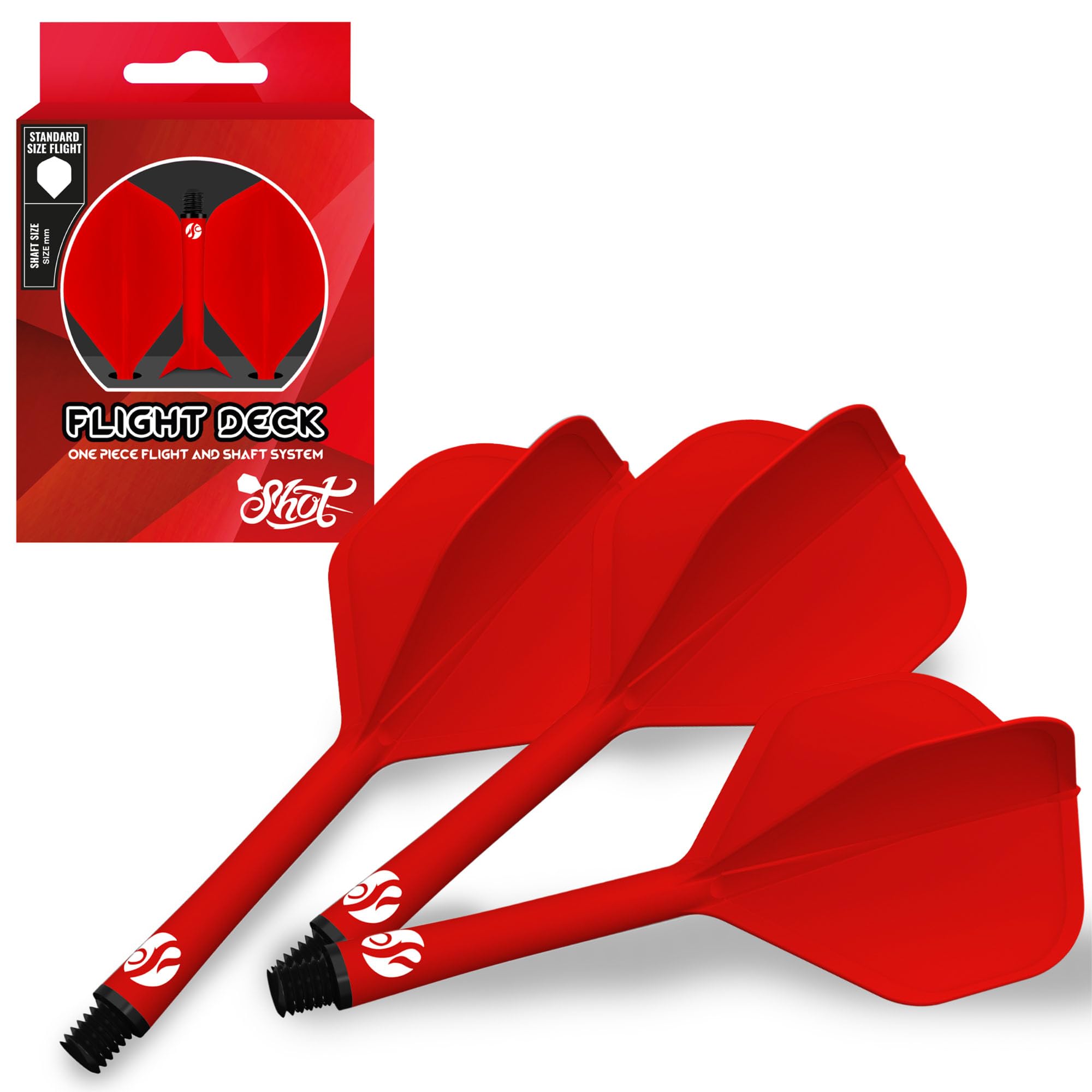 Shot! Darts Flight Deck One Piece Dart Flight and Shaft System, Reduced Deflections, Standard Shaped Flight (350 Micron), Available in Set of 3 (Red, Medium)
