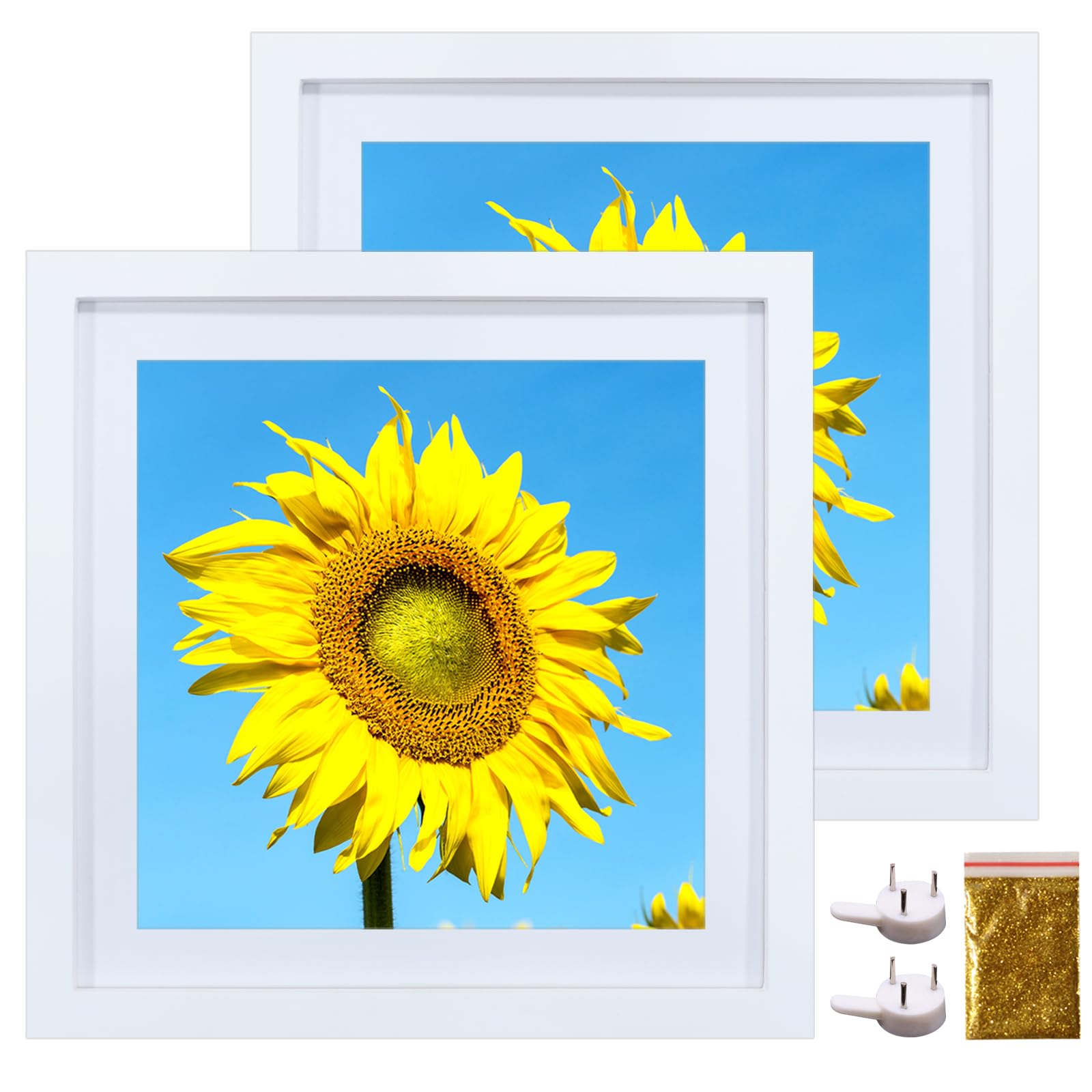 Photo 1 of 2 Pack 12x12 Picture Frame Mat to 10x10 Solid Wood Diamond Art Painting Frames 30x30cm Display Pictures 10 x 10 with Mat or 12 x 12 Without Mat, Square Poster Frame 12x12 Photo Wall Frame Set - White