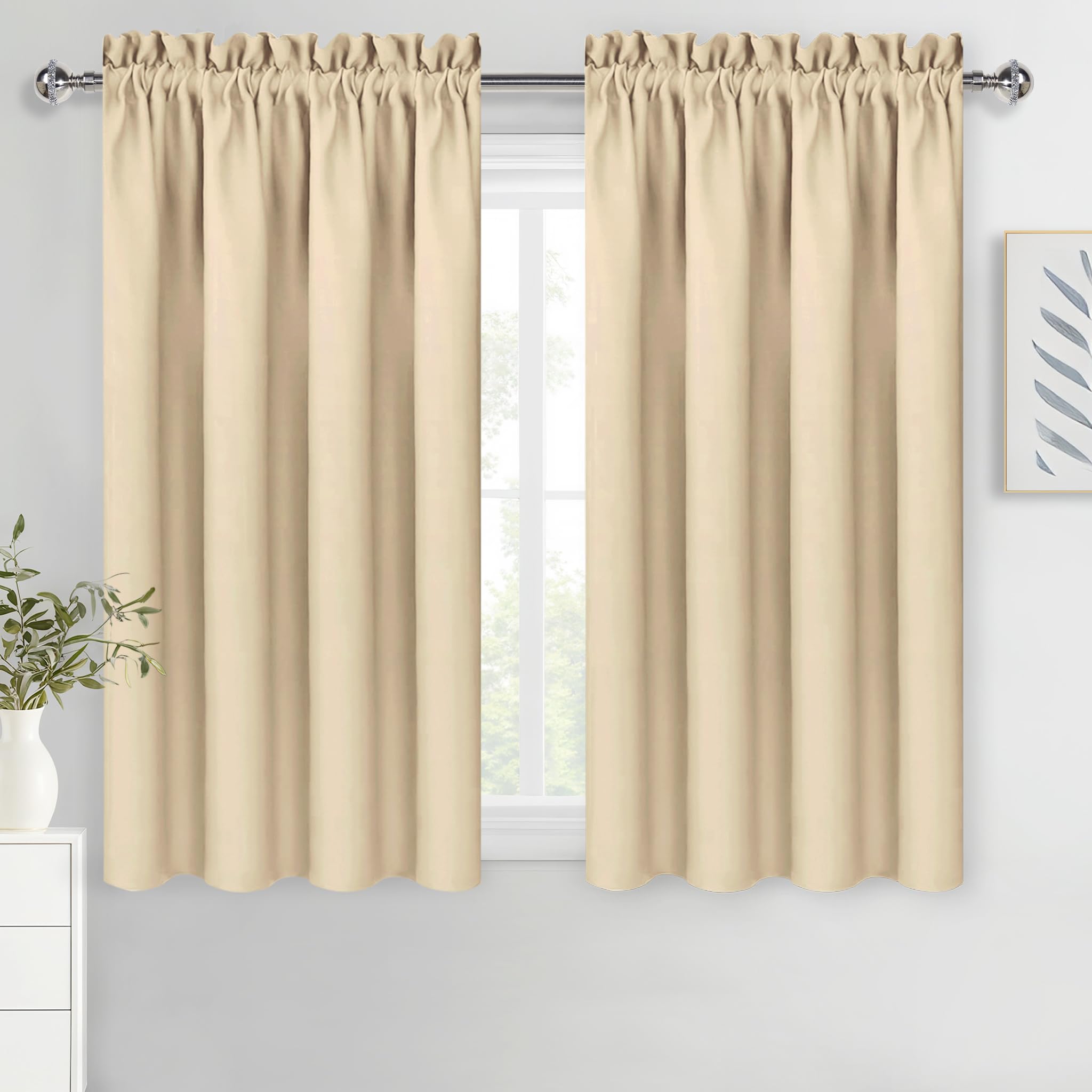 DWCN Beige Blackout Curtains for Bedroom – Rod Pocket Thermal Insulated Energy Saving Drapes for Living Room and Bedroom, W 42 x L 45 Inch, 2 Panels Image