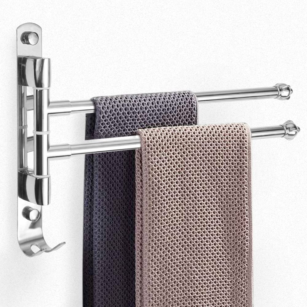 bowarepro 30CM 2-Arm Swivel Towel Rail, 304 Stainless Steel Kitchen Towel Rail Wall Mounted Chrome Swivel Towel Rack for Bathroom