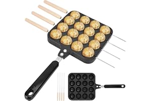 Muzrunq Takoyaki Pan, 16 Holes Nonstick, Black Aluminum, Easy to Clean, Includes Fork