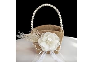 ATAILOVE Burlap Flower Girl Basket for Weddings,Romantic Cherish Pearl Handle Wedding Flower Basket