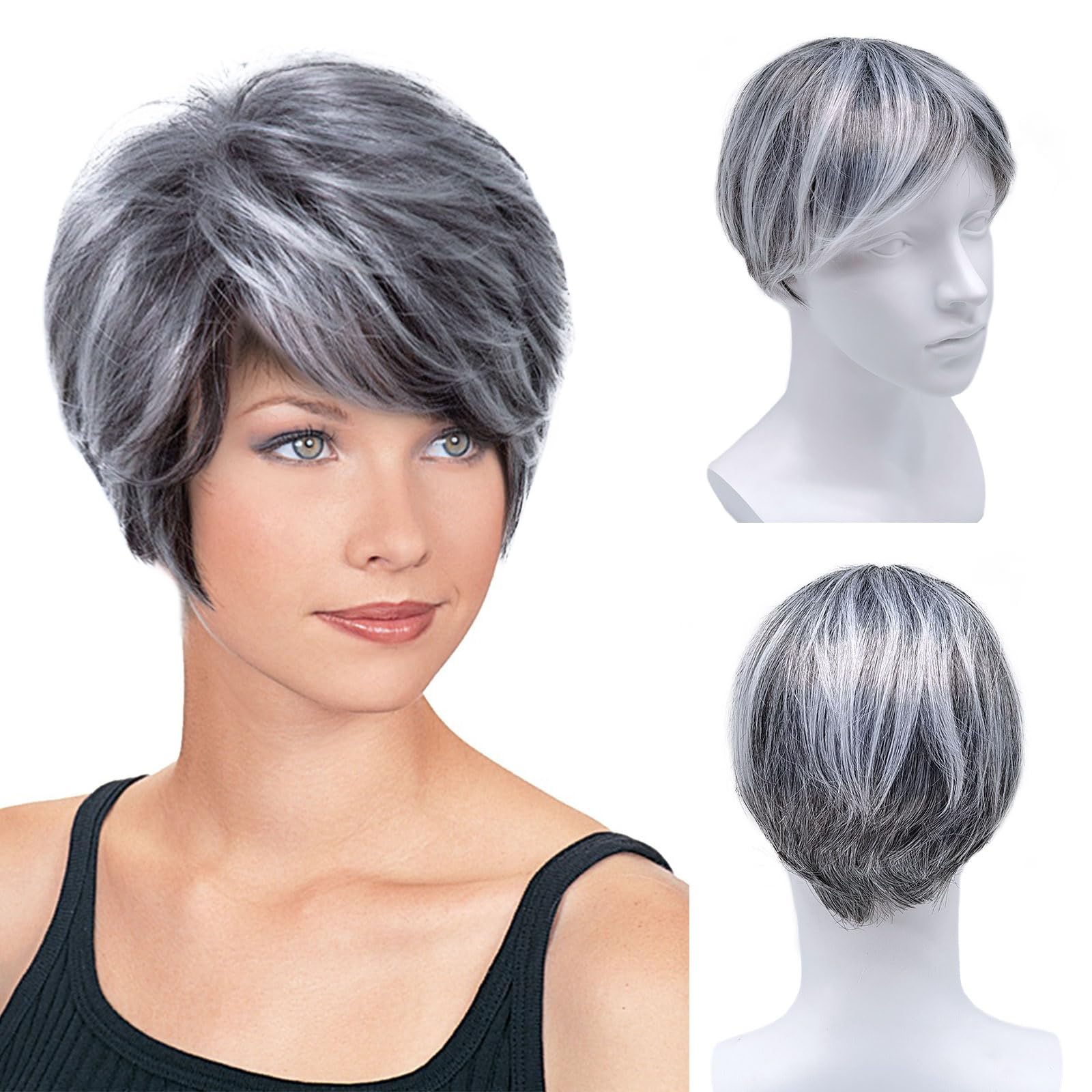 XNIVUIS Fluffy Grey Wig for Women - Old Lady's Short Curly Synthetic Hair Wig, Layered Messy Shaggy Style (1 Pcs)