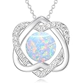 VLXQW Opal Heart Necklace, Interlock Heart Pendant Necklace for Women Platinum Plated Silver White Opal Pendant October Birthstone Jewelry, 18''-20''