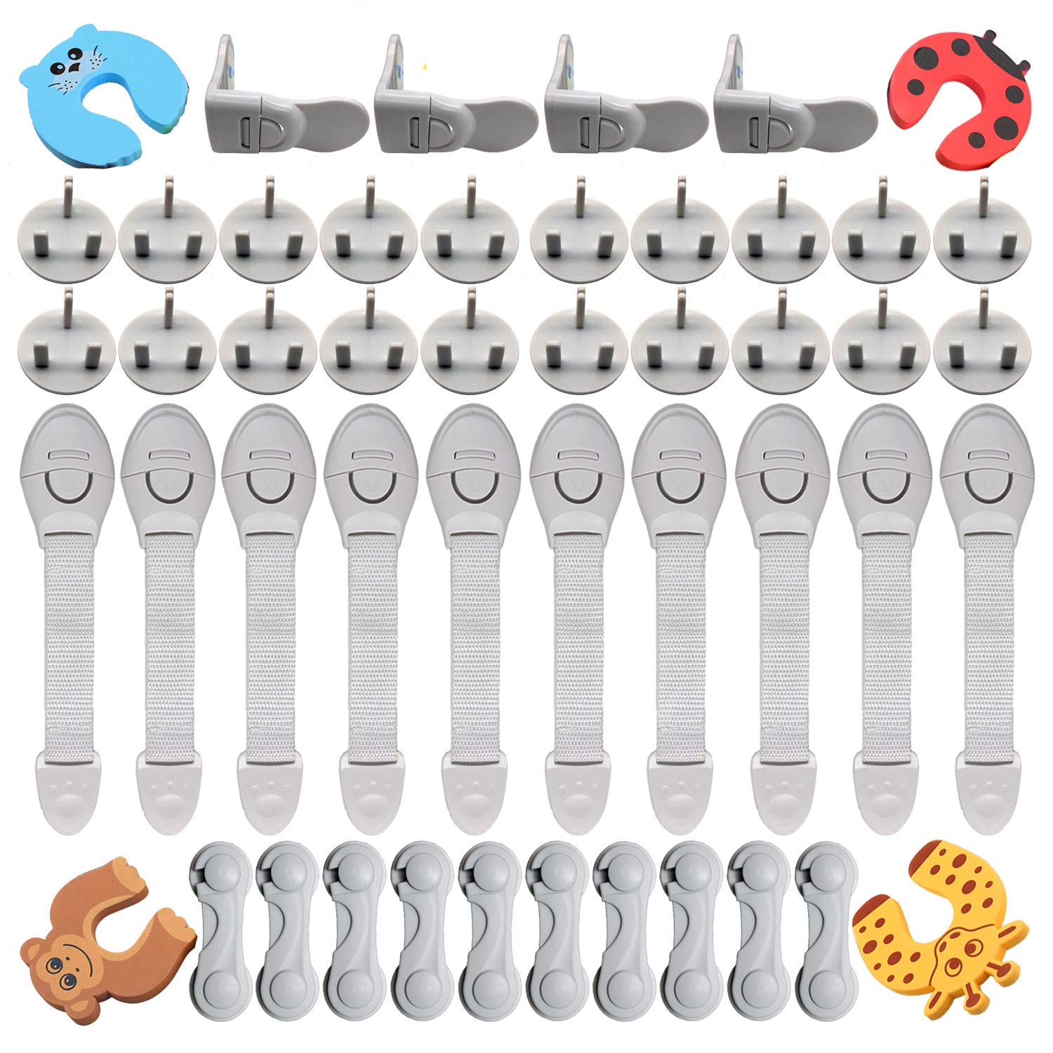 XinPei Baby Proofing Kit (48 Piece) -20 pcs Socket Covers + 10 pcs Cabinet Locks + 10 pcs Cupboard Locks + 4 pcs Rectangular Locks + 4 pcs Foam Door Stoppers