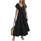 ECOWISH Womens Summer Maxi Dress 2026 Flutter Short Sleeve V Neck Tie Front Wedding Guest Vacation Tiered Flowy Dresses
