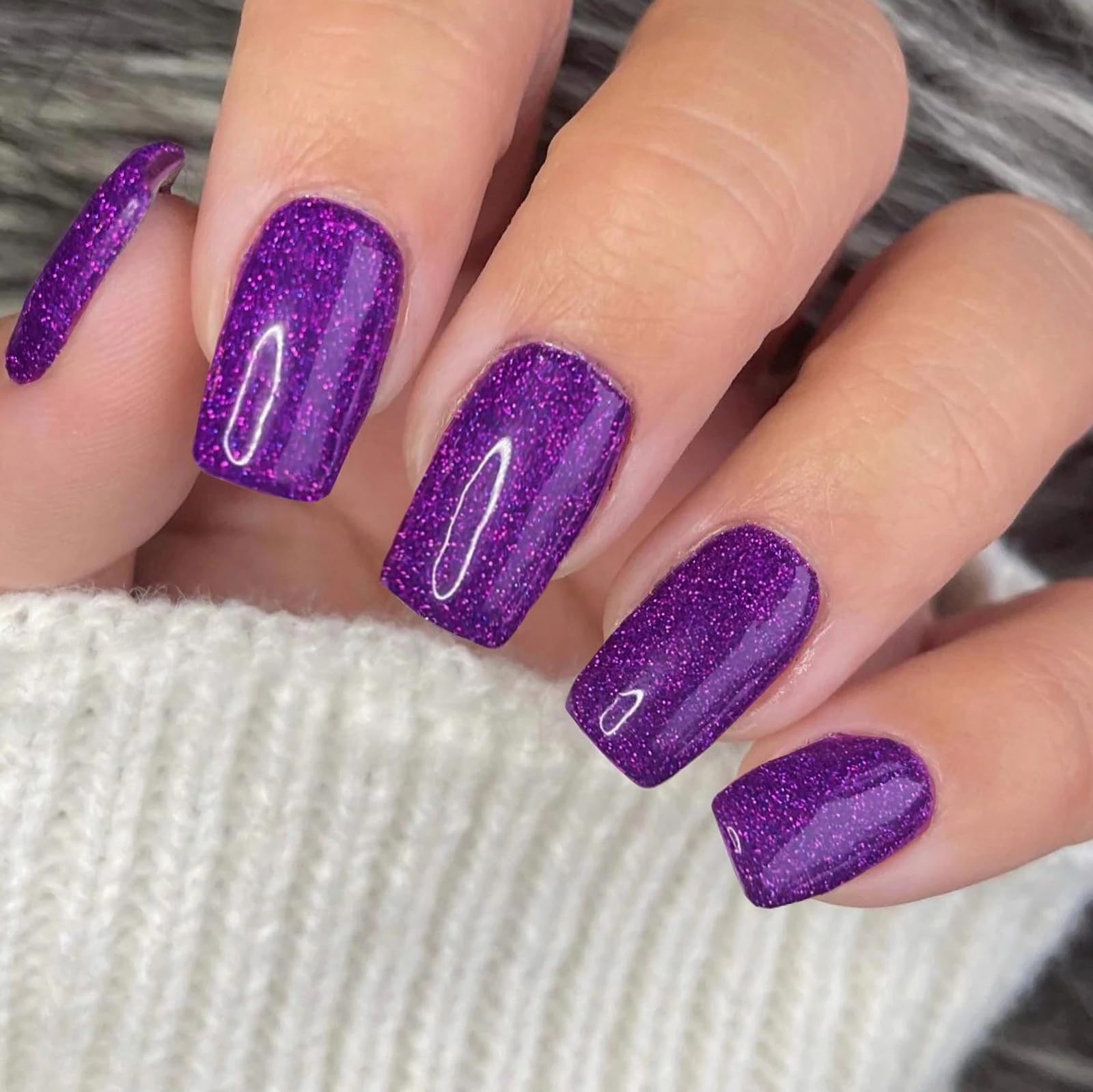 MISUD Press on Nails Medium Square Fake Nails Glossy Glue on Nails Purple Acrylic Nails Squoval Artificial Nails Bling Glitter Stick on False Nails with Design 24 pcs