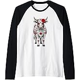 Sugar Skull Cow Halloween Graphic Raglan Baseball Tee