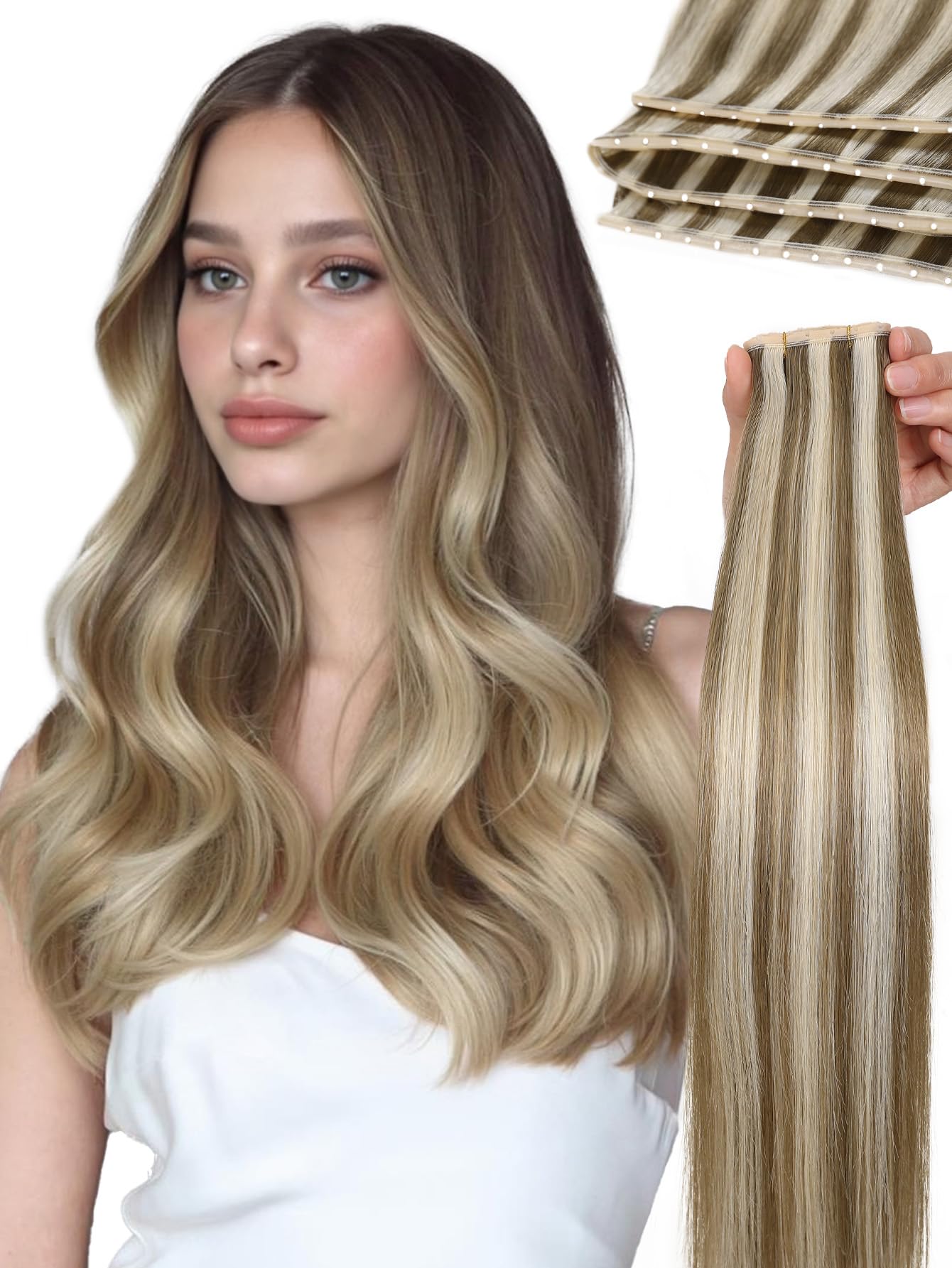 Photo 1 of LADY MIRANDA Double Invisible Hand-tied Human Hair Extensions 18 Inch Genius Twin Tab Remy Human Hair Weft 100g Micro Bead Hair Extensions Human Hair (9A/60)