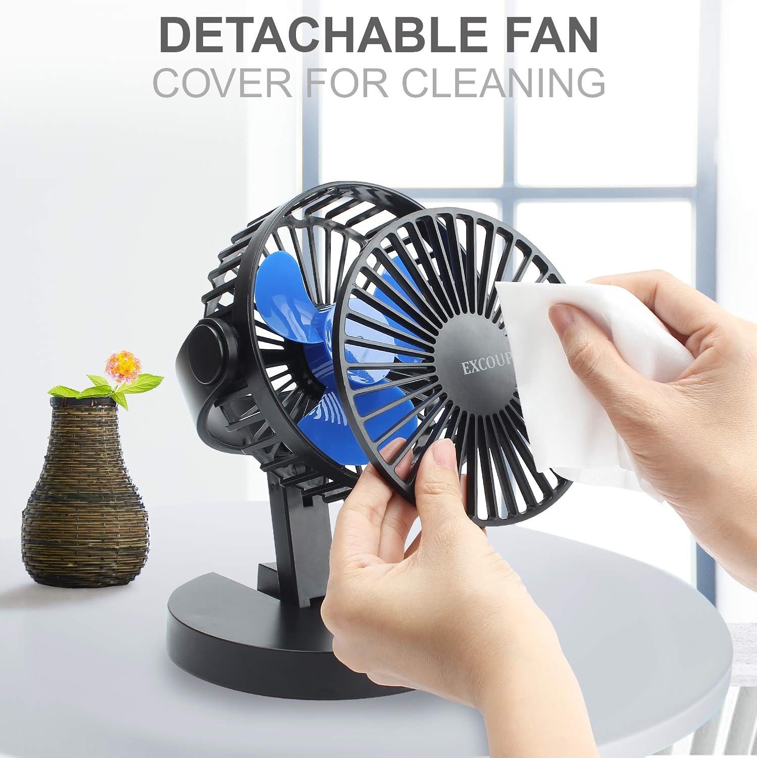 EXCOUP USB Fan, Rechargeable Desk Battery Fan, Mini Portable Noiseless ...