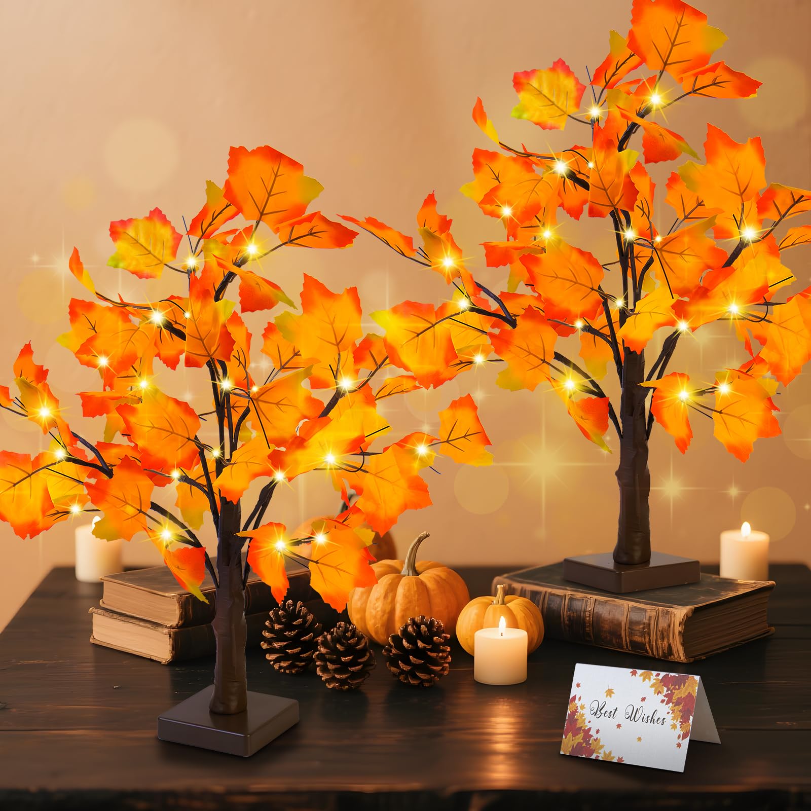 Photo 1 of Fall Decor 2 Pack Fall Trees Artificial Lighted Maple Tree Thanksgiving Decor 48 LED Table Fall Lights Up Tree Battery Operated for Wedding Party Gifts Indoor Outdoor Autumn Harvest Home Decorations